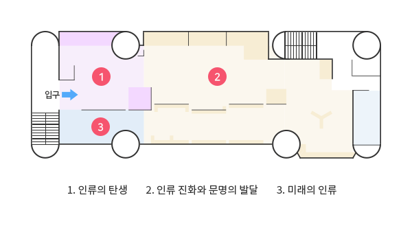 입구 왼쪽으로 인류의 탄생, 오른쪽에는 미래의 인류 관이 위치 하며, 안쪽으로는 인류 진화와 문명의 발달 관이 위치해 있음