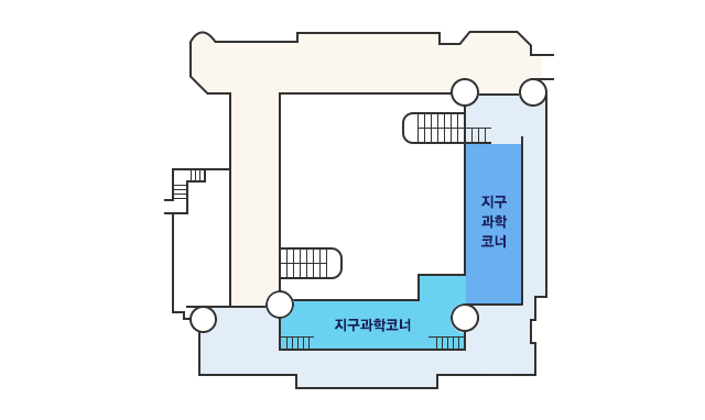 1층 입구 정면으로 과학기술자료 나눔터&홍보관, 왼쪽 시계방향으로는 기초과학 사이언스 타운, 연구실, 전시품개발센터, 화학코너, ICT, 교통과 수송 코너가 있음